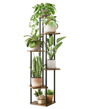 GENTINGBRO corner plant stand 6-tier in brown oak boosts vertical greenery in small spaces.