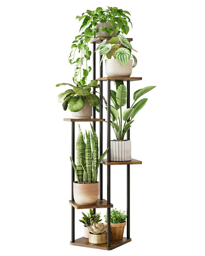 GENTINGBRO corner plant stand 6-tier in brown oak boosts vertical greenery in small spaces.
