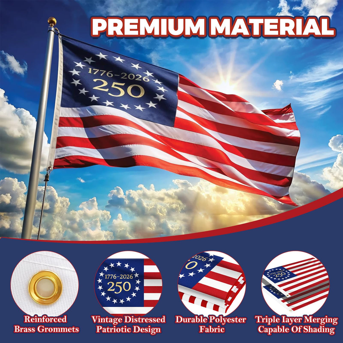 Geodurn 250 Years flag side view readable from any angle