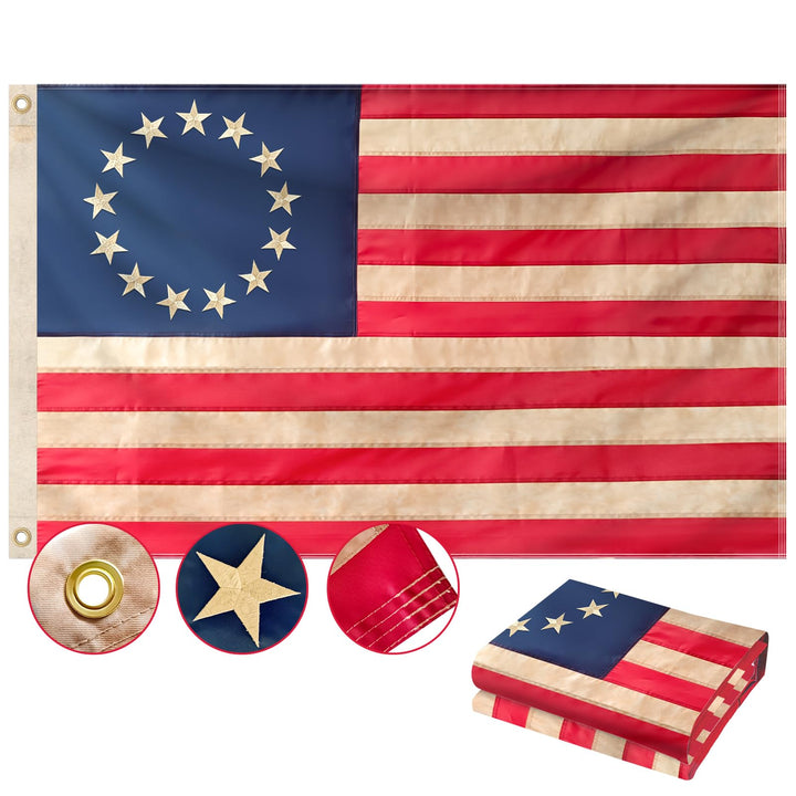 Geodurn Betsy Ross flag with embroidered 13 stars, ideal for outdoor display.