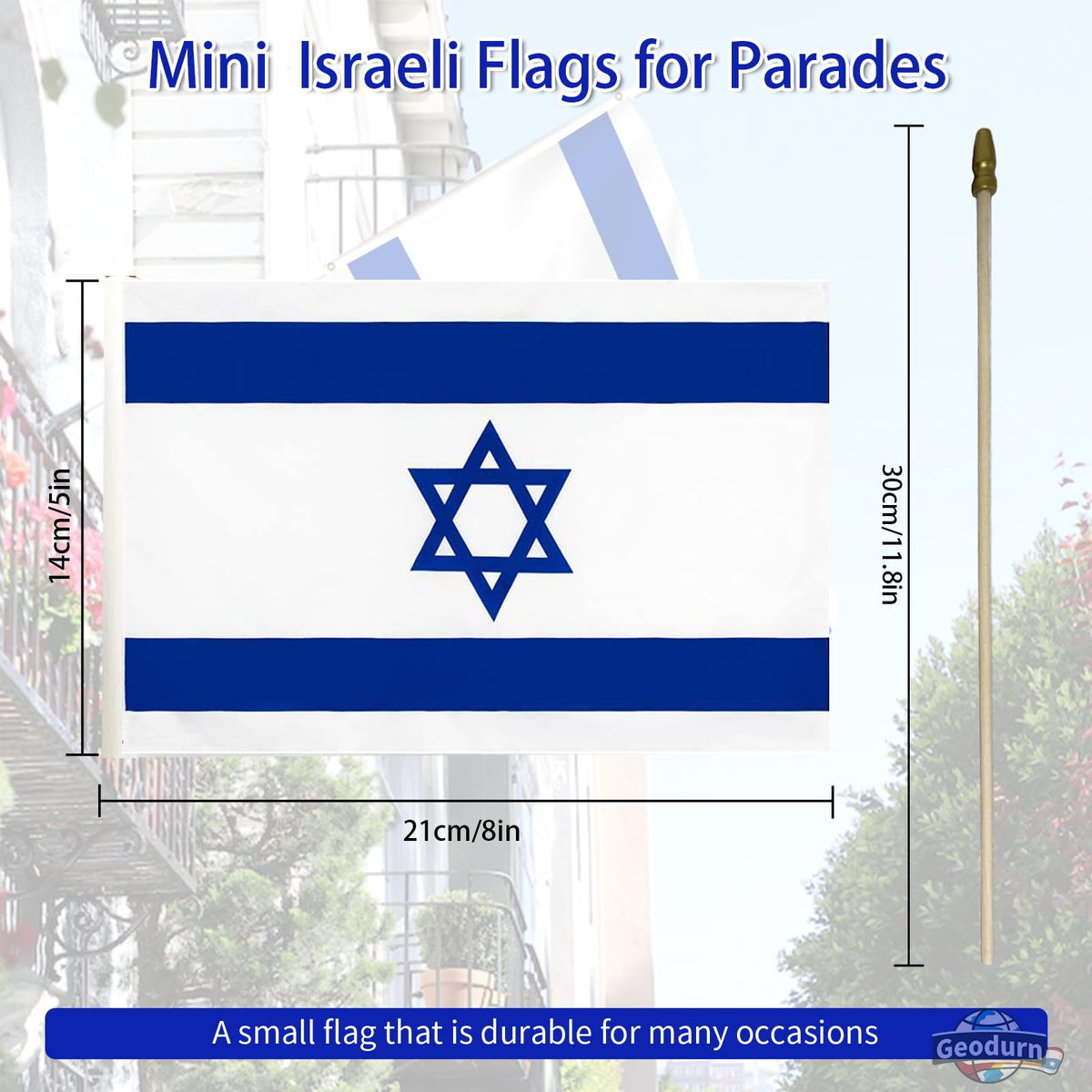 Geodurn flag 5x8 inch blue and white with Star of David, ideal for celebrations