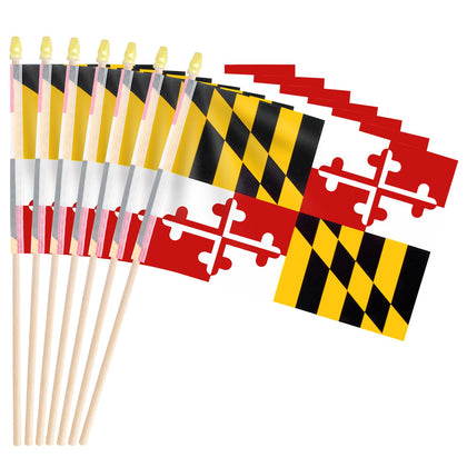 geodurn maryland flag on wood stick with spear top, ideal for marching displays and outdoor events.