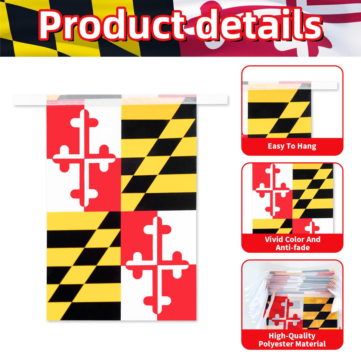 Geodurn Maryland flag banner rope sewn feature enables easy hanging