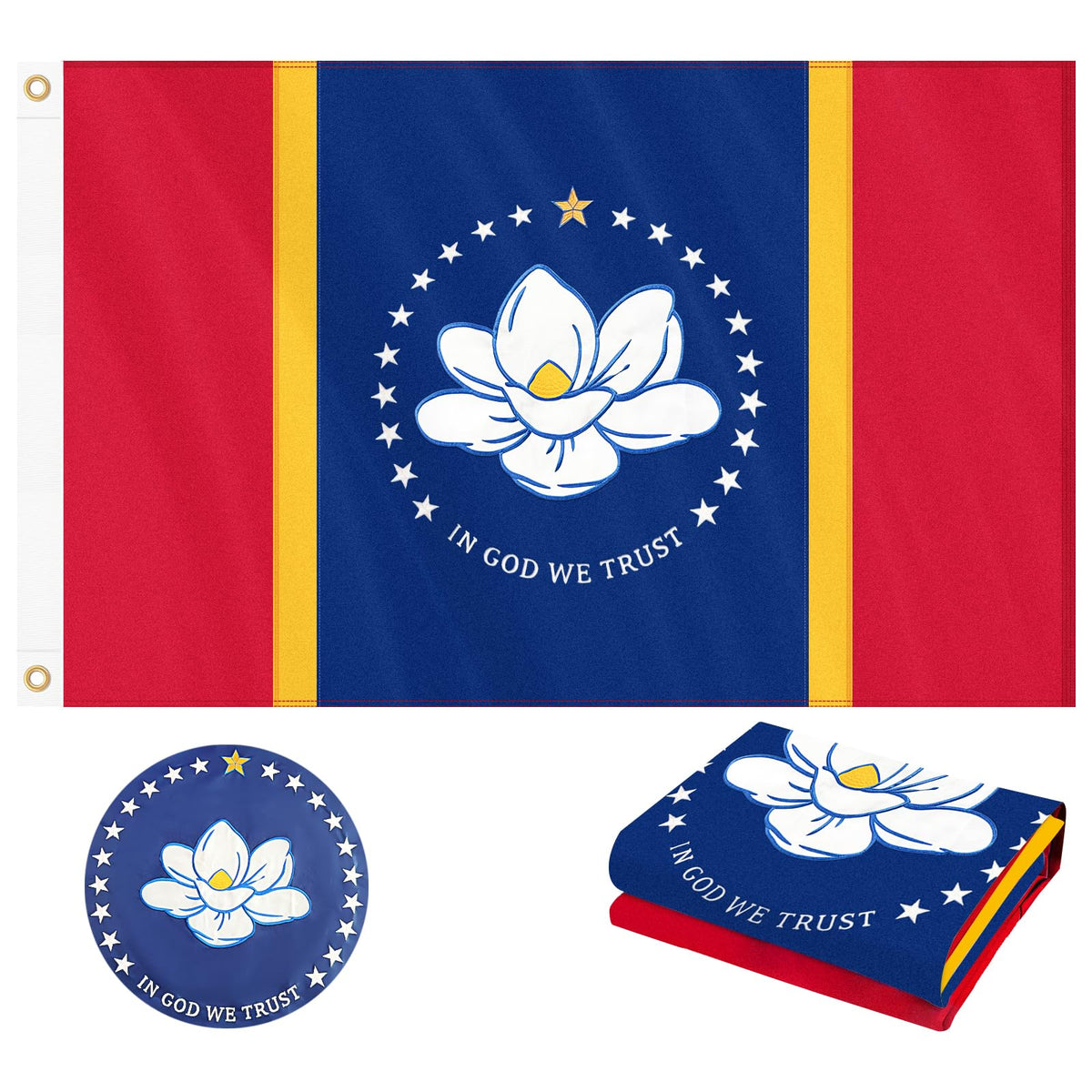 Geodurn Mississippi flag 3x5 outdoor double-sided fabric showcases bright colors for events.
