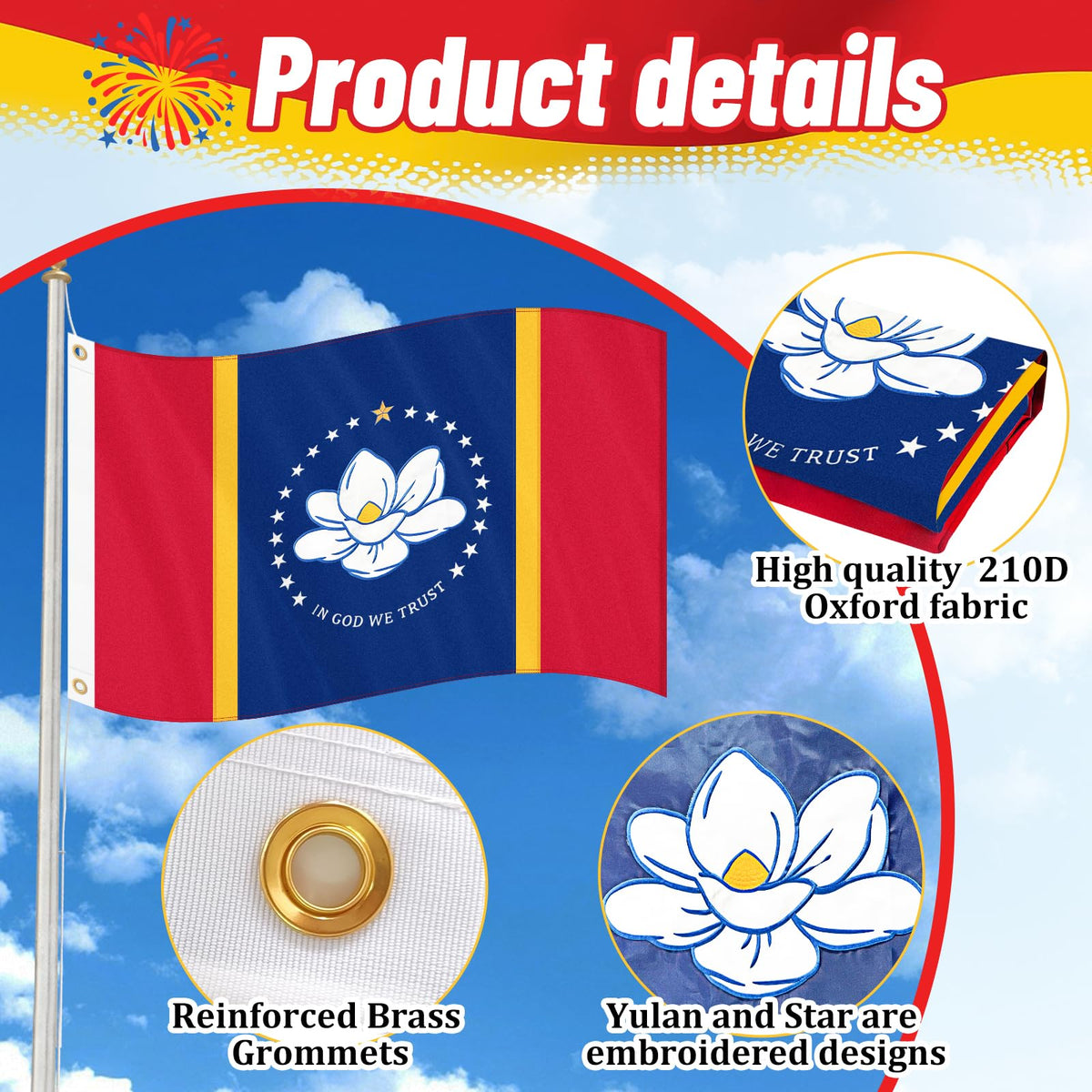 Geodurn Mississippi flag 4 rows stitching hem enhances durability during windy outdoor use.