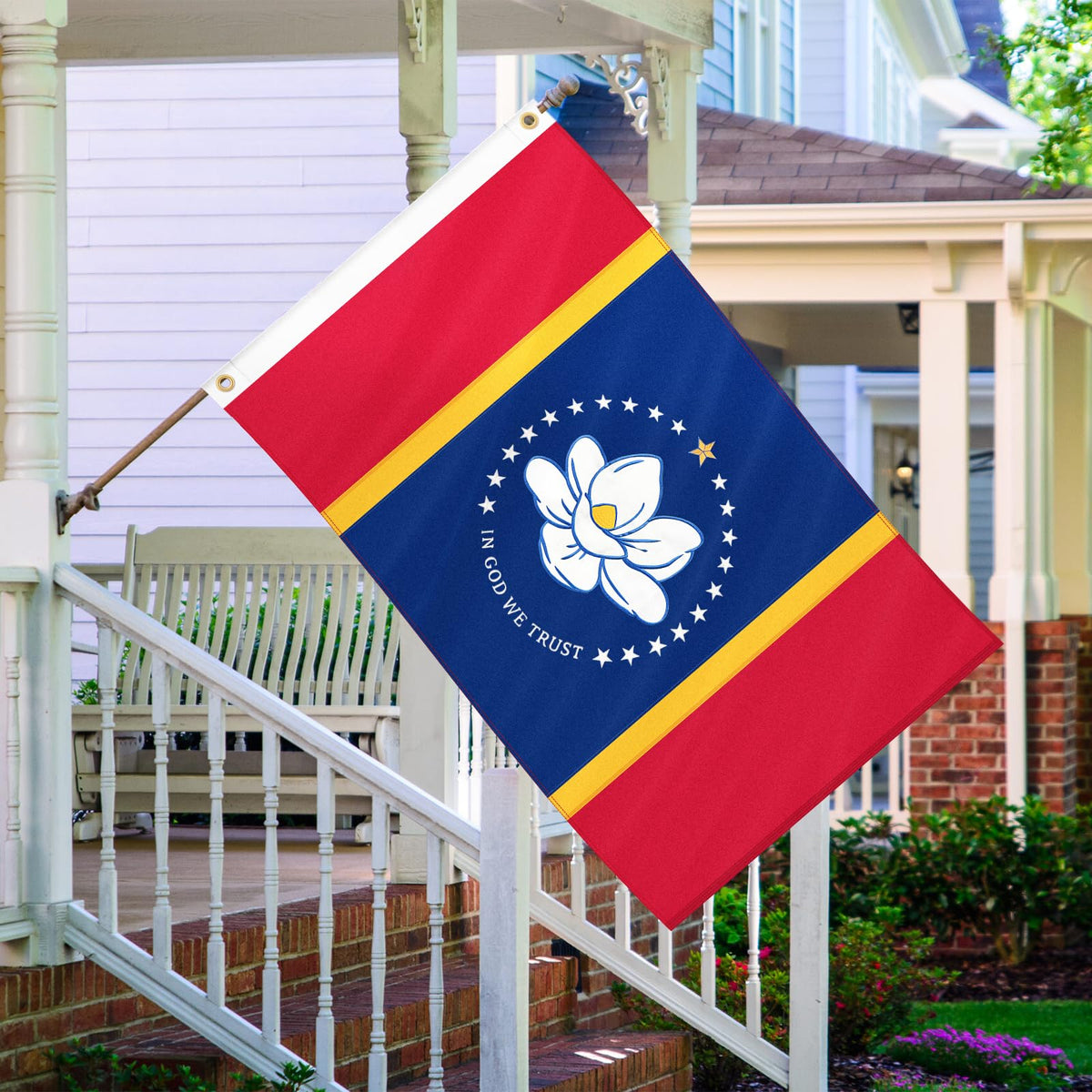 Geodurn Mississippi flag brass grommets enable quick mounting on poles and flagpoles.