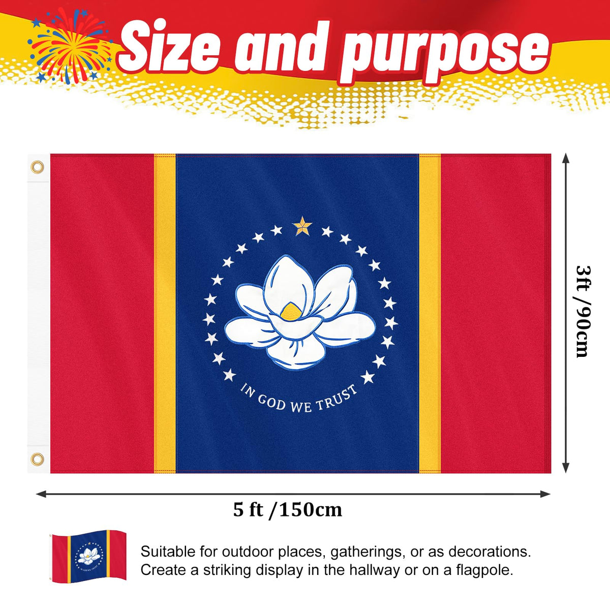 Geodurn Mississippi flag embroidery magnolia and stars highlights precision detailing for display.