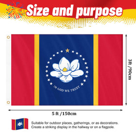 Geodurn Mississippi flag embroidery magnolia and stars highlights precision detailing for display.
