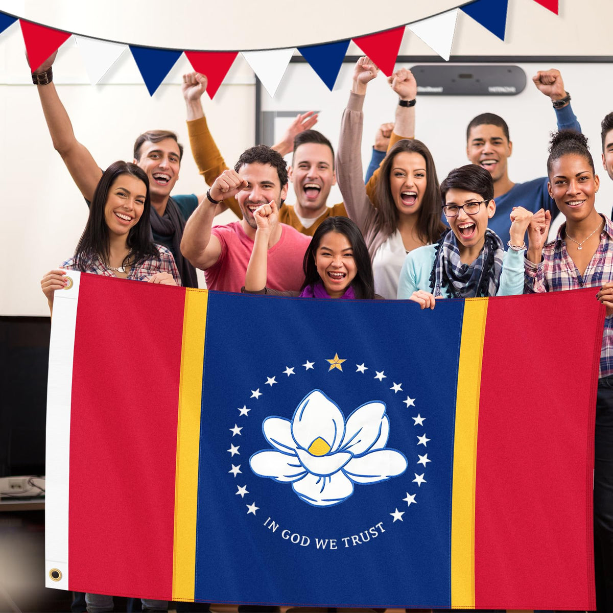 Geodurn Mississippi flag weather-resistant 210D fabric protects color and integrity in varying conditions.