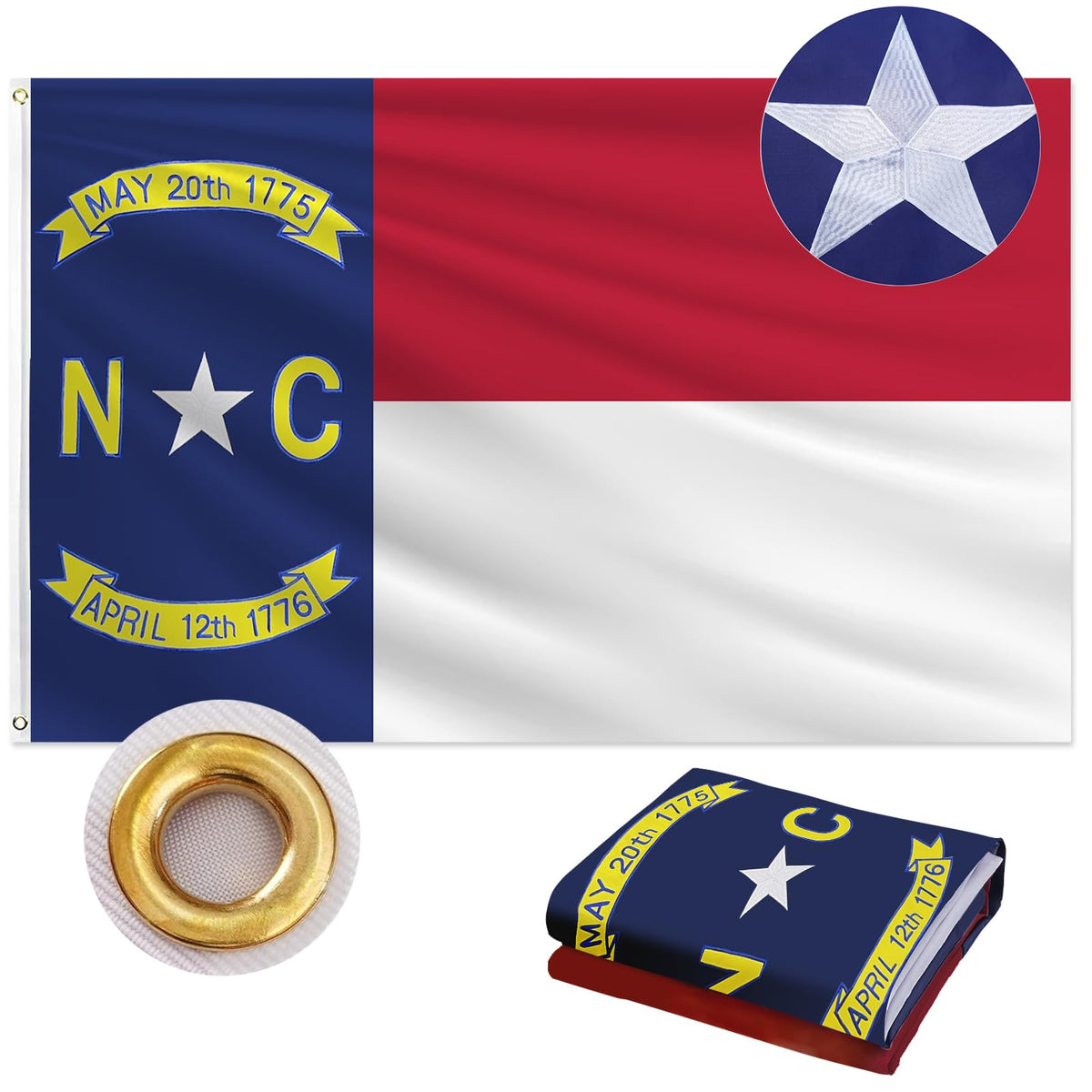 Geodurn North Carolina flag on 210D Oxford fabric for lasting outdoor use.