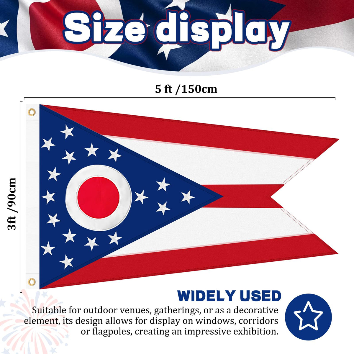 Geodurn Ohio flag embroidery highlights circle and stars with durability