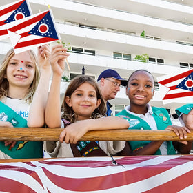 Geodurn Ohio flag on spear top elevates festival and election events.
