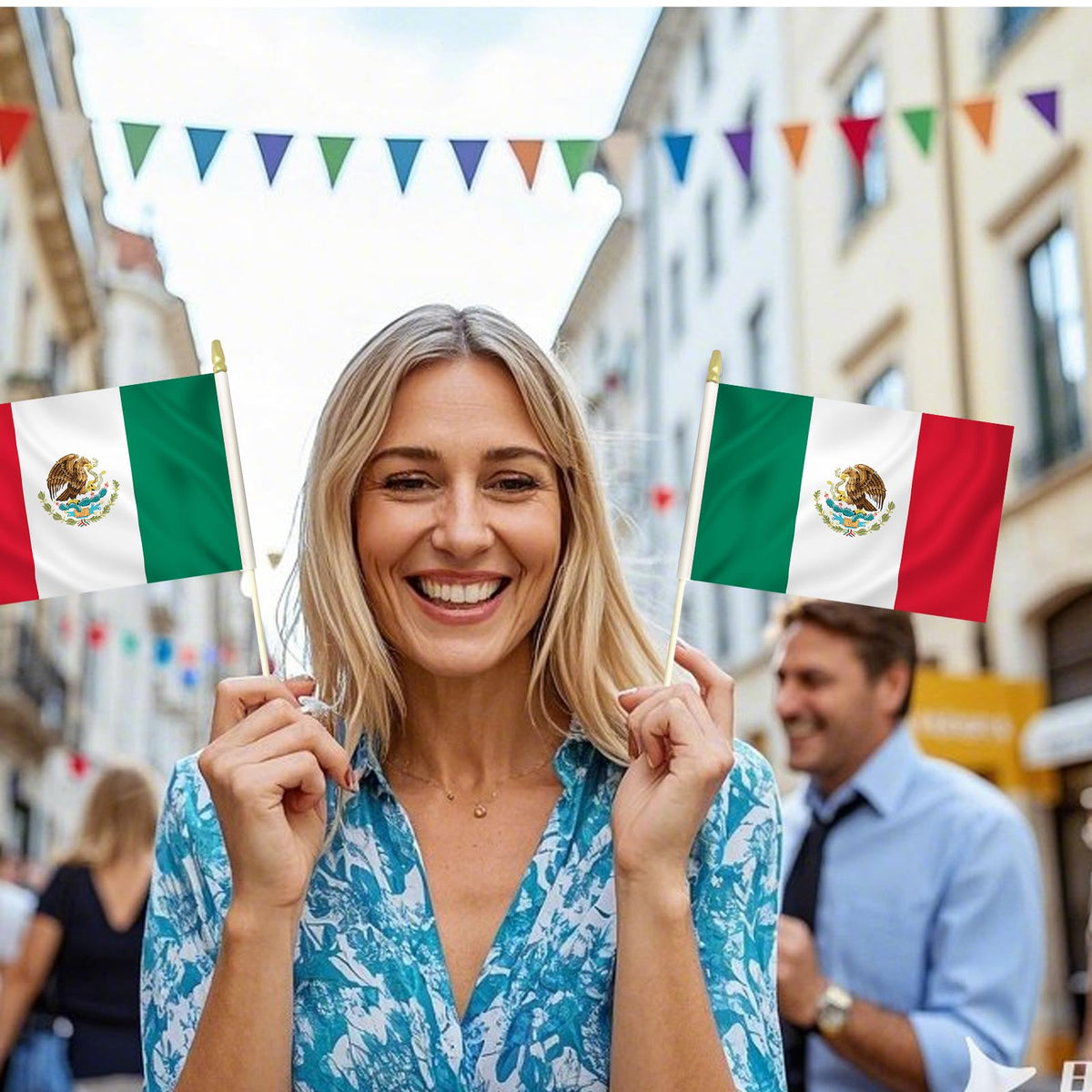 Geodurn patriotic display setup using handheld flags for Mexican celebrations