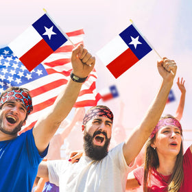 Geodurn Texas flag in parade setting, ideal for celebrations and school events.