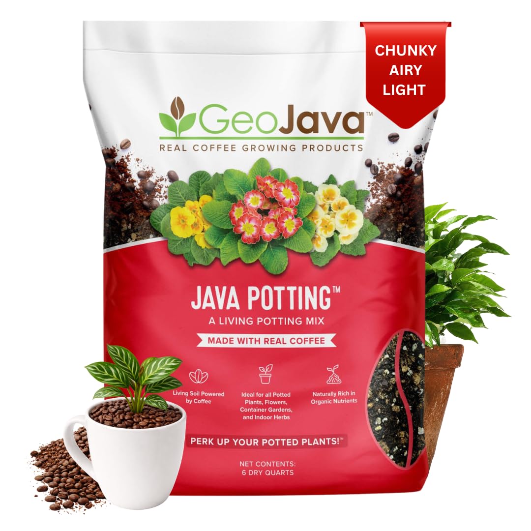 GeoJava Java Potting Soil bag showing coffee-infused, well-draining indoor mix for plants