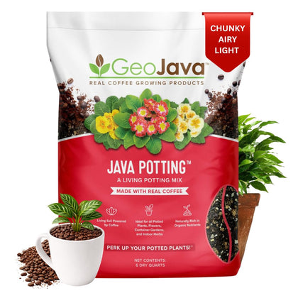 GeoJava Java Potting Soil bag showing coffee-infused, well-draining indoor mix for plants