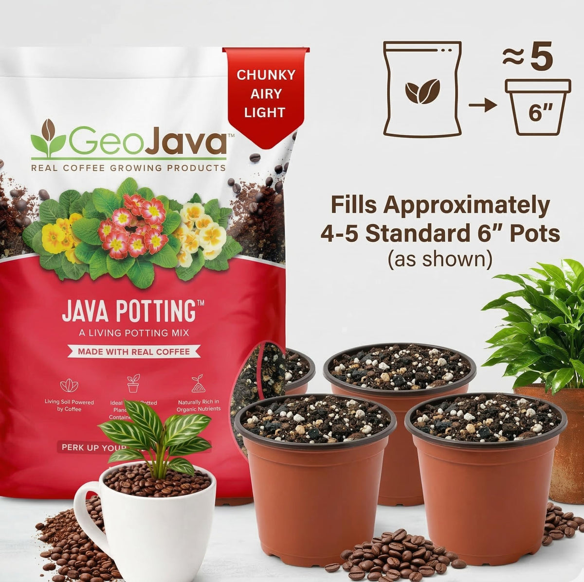 Ready-to-use GeoJava soil prepared for easy repotting
