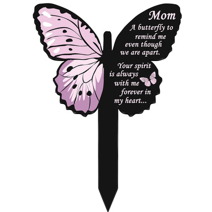 Geosar Mom memorial butterfly acrylic plaque for grave remembrance and yard display.