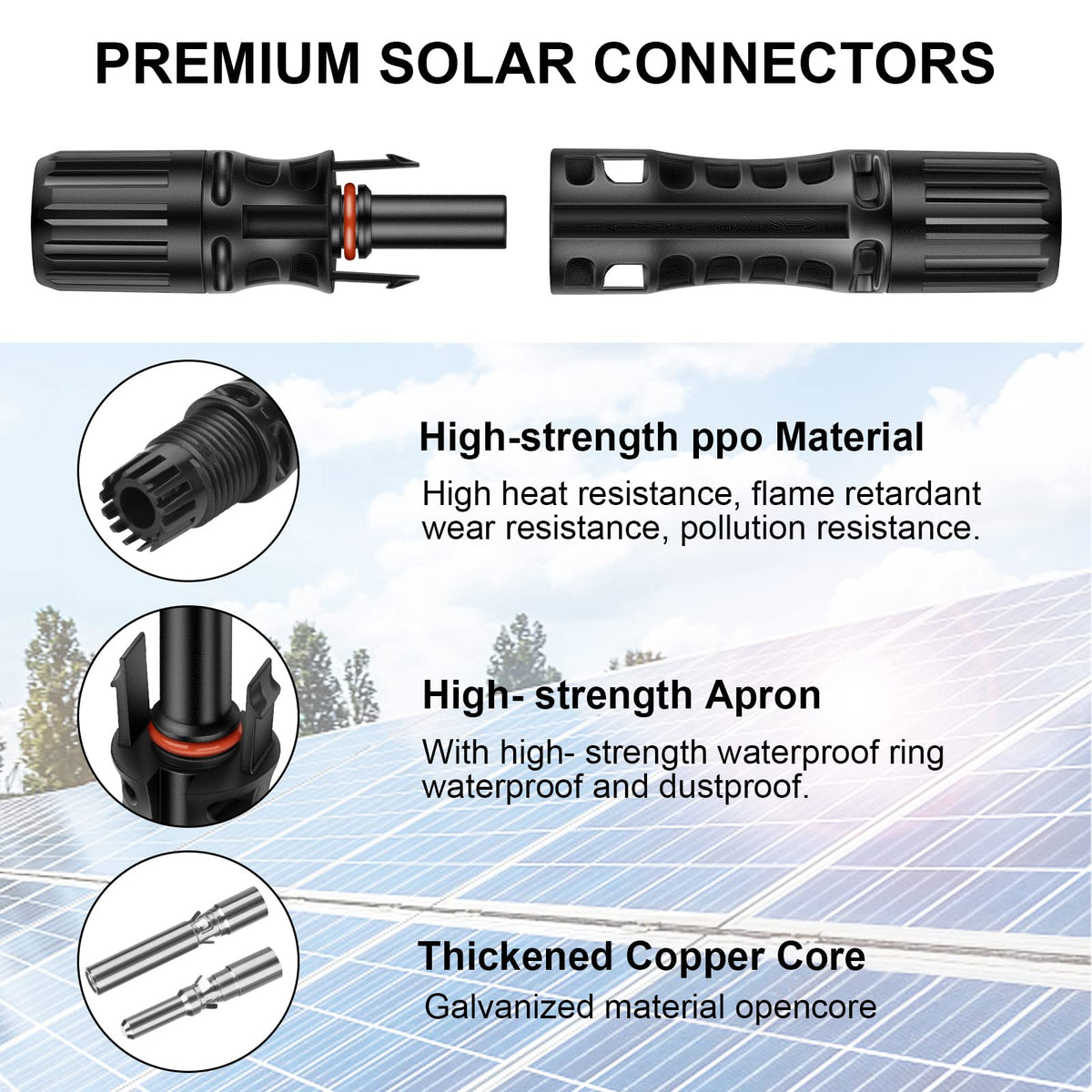 Geosiry solar panel connectors male and female for quick, secure wiring.