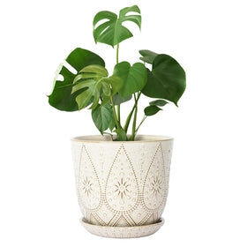 Gepege 10-inch cream ceramic pot with drainage holes and a saucer for indoor plants.