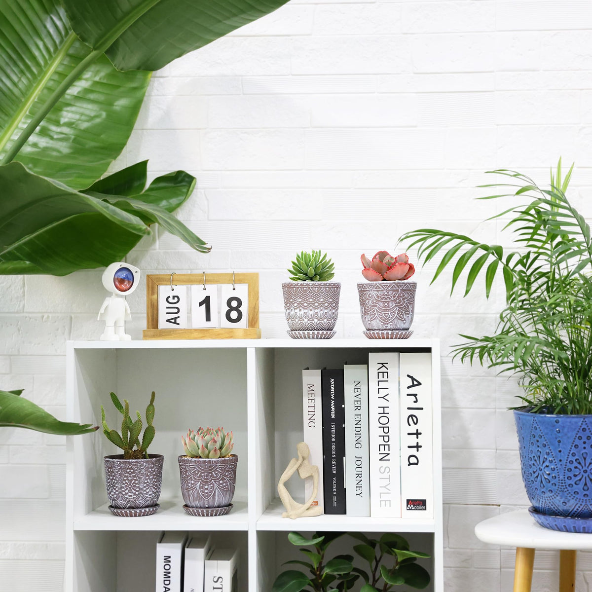 Gepege 4-pack succulent pots arranged for coordinated shelf display.