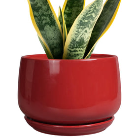 G EPGardening ceramic planter 7-inch round front view highlights a vibrant red glaze for modern decor.