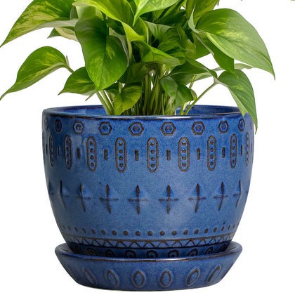 G EPGardening 5-inch blue ceramic plant pot suitable for indoors or outdoors.