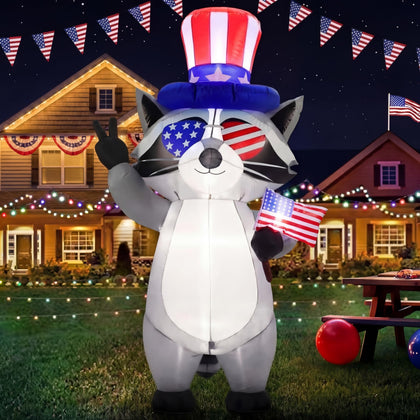Gerrii 5 ft patriotic raccoon inflatable for outdoor Independence Day display.