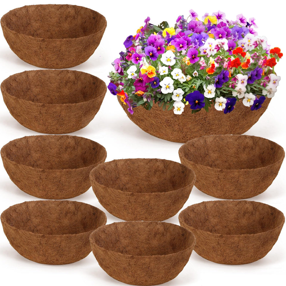 Gerrii 8-pcs coconut liners for hanging baskets — durable and breathable.