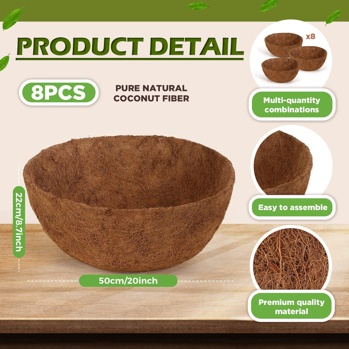 Gerrii 20-inch coconut liner side view, thick, water-retentive coconut fiber.