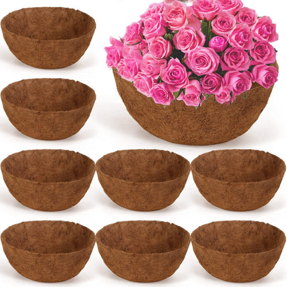 Gerrii coconut liner top view, eight-piece set ready for hanging baskets.