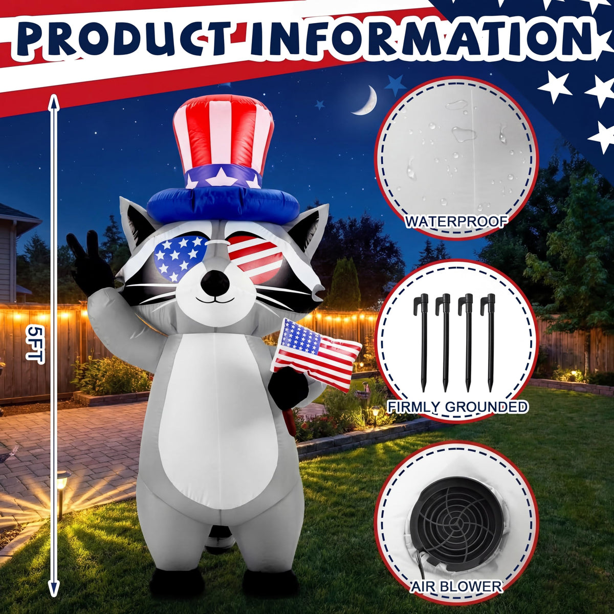 Gerrii LED-lit raccoon inflatable brightens yard at night.