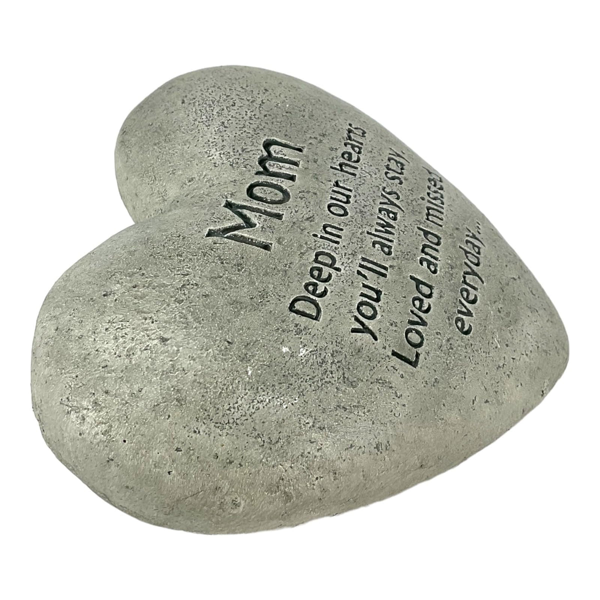 Gerson Mom cement heart memorial stone with inscription visible for outdoor remembrance.