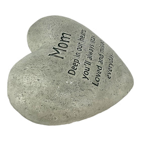 Gerson Mom cement heart memorial stone with inscription visible for outdoor remembrance.