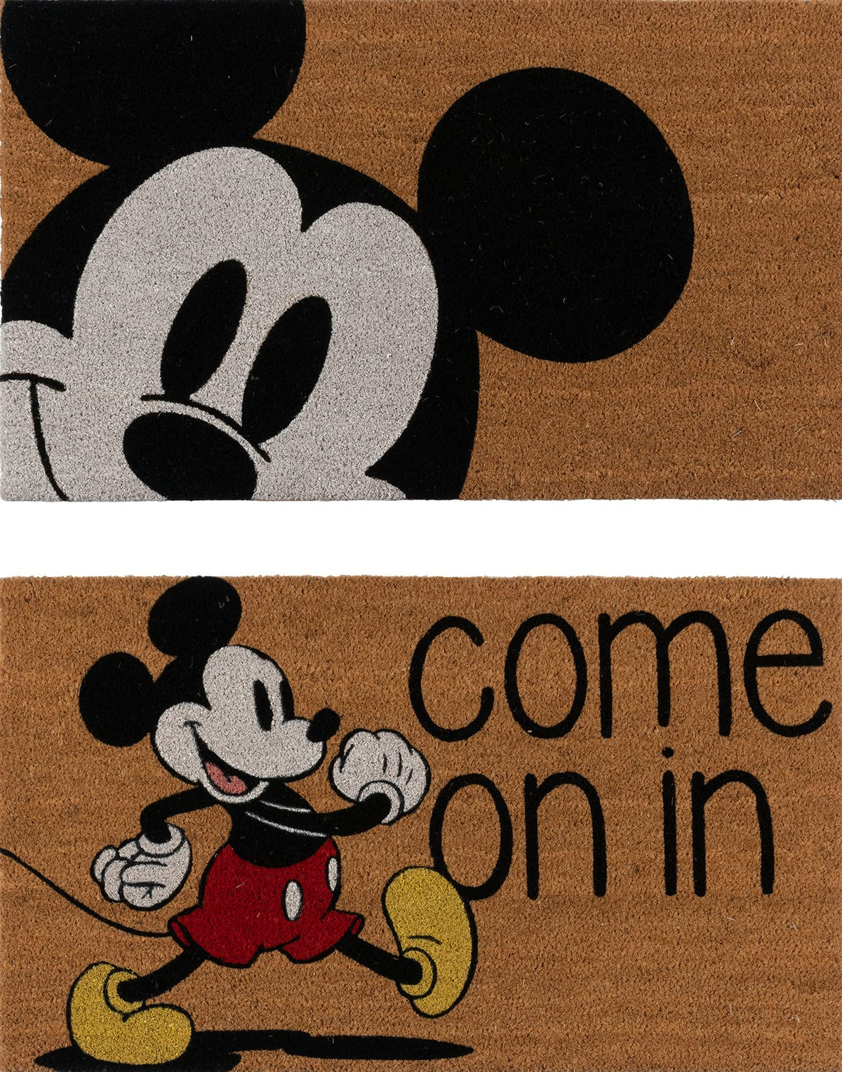 Gertmenian Mickey Mouse coir doormat at the front door provides a welcoming, durable entry mat.
