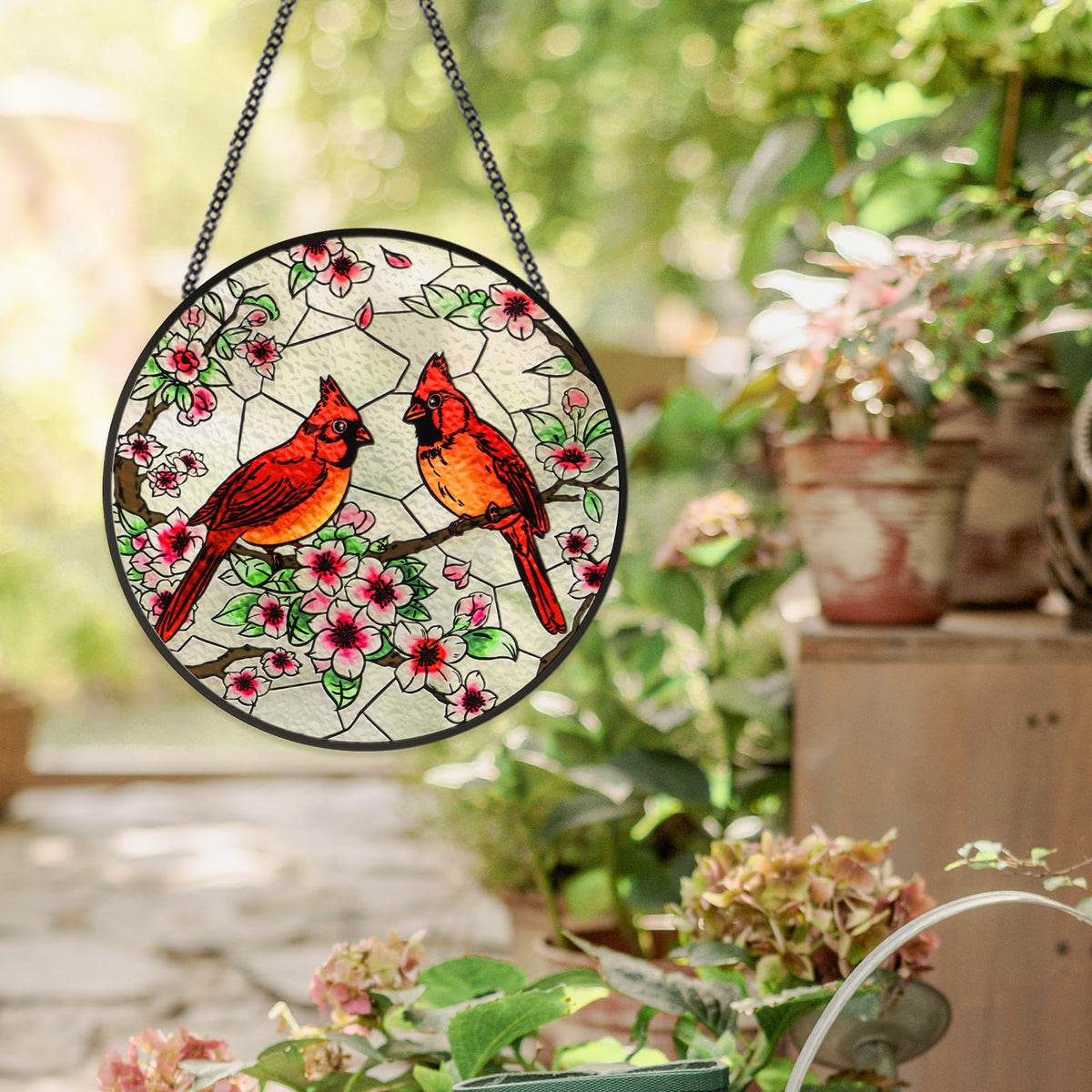 Gerute cardinal bird suncatcher crabapple flowers enhances balcony or window decor.