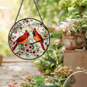 Gerute cardinal bird suncatcher crabapple flowers enhances balcony or window decor.