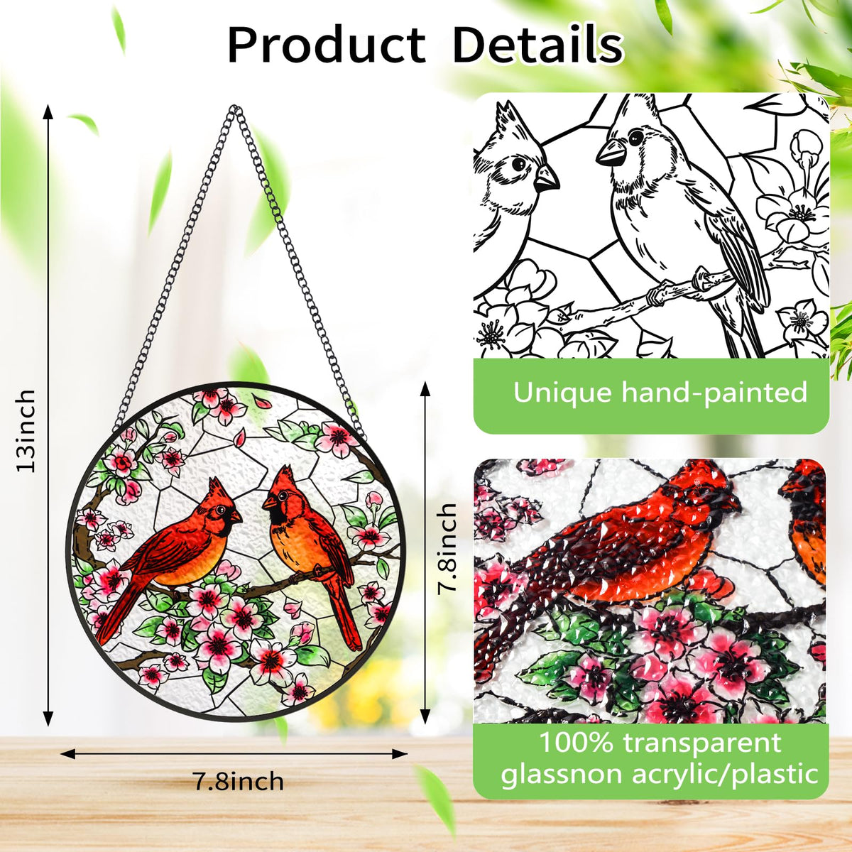 Gerute handmade stained glass decor showcases red cardinal with exquisite painted detail.