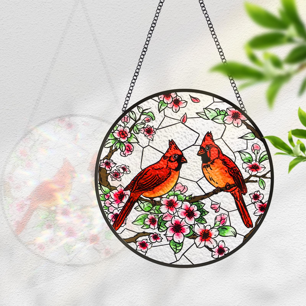 Gerute stained-glass window hanging cardinal with double-sided light transmission brightens spaces.