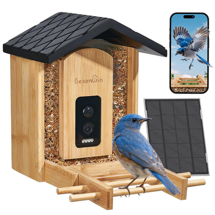 GESENWIN bamboo smart bird feeder front view showing eco-friendly design