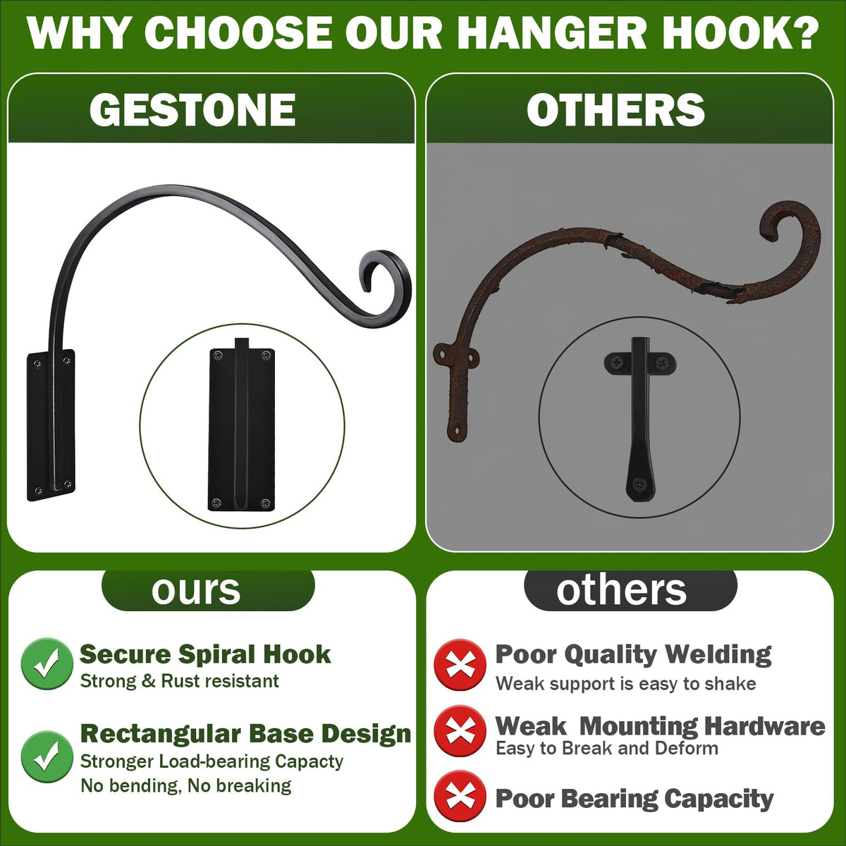Deep curved tip on GESTONE plant hanger prevents items from slipping.