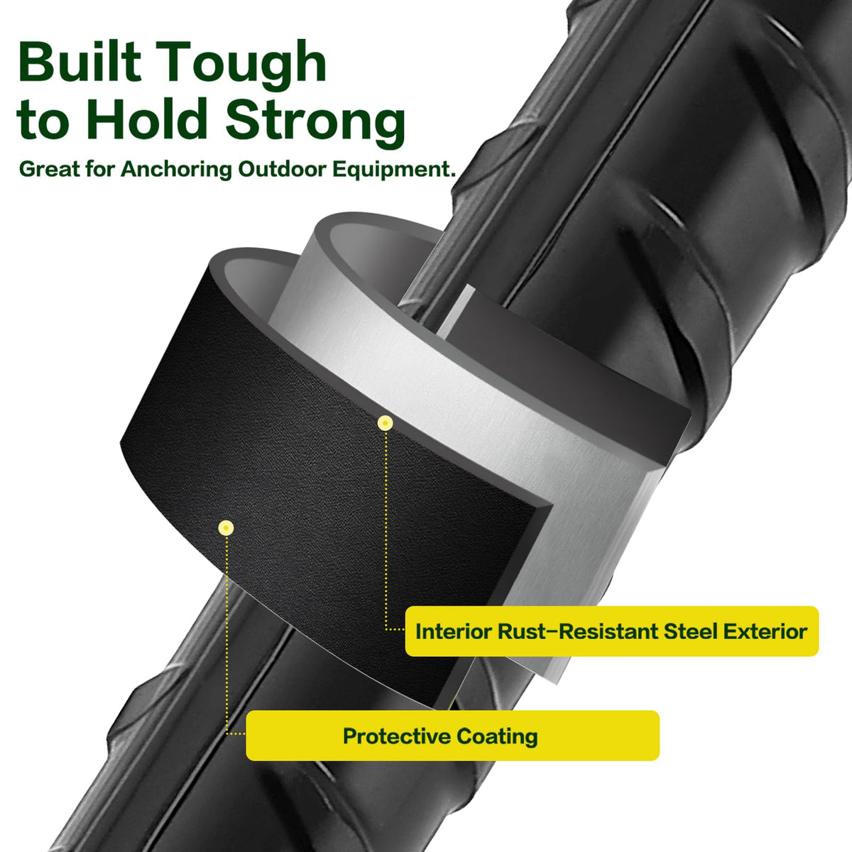 GESTONE stake with deep ribbed surface provides superior ground grip against wind.