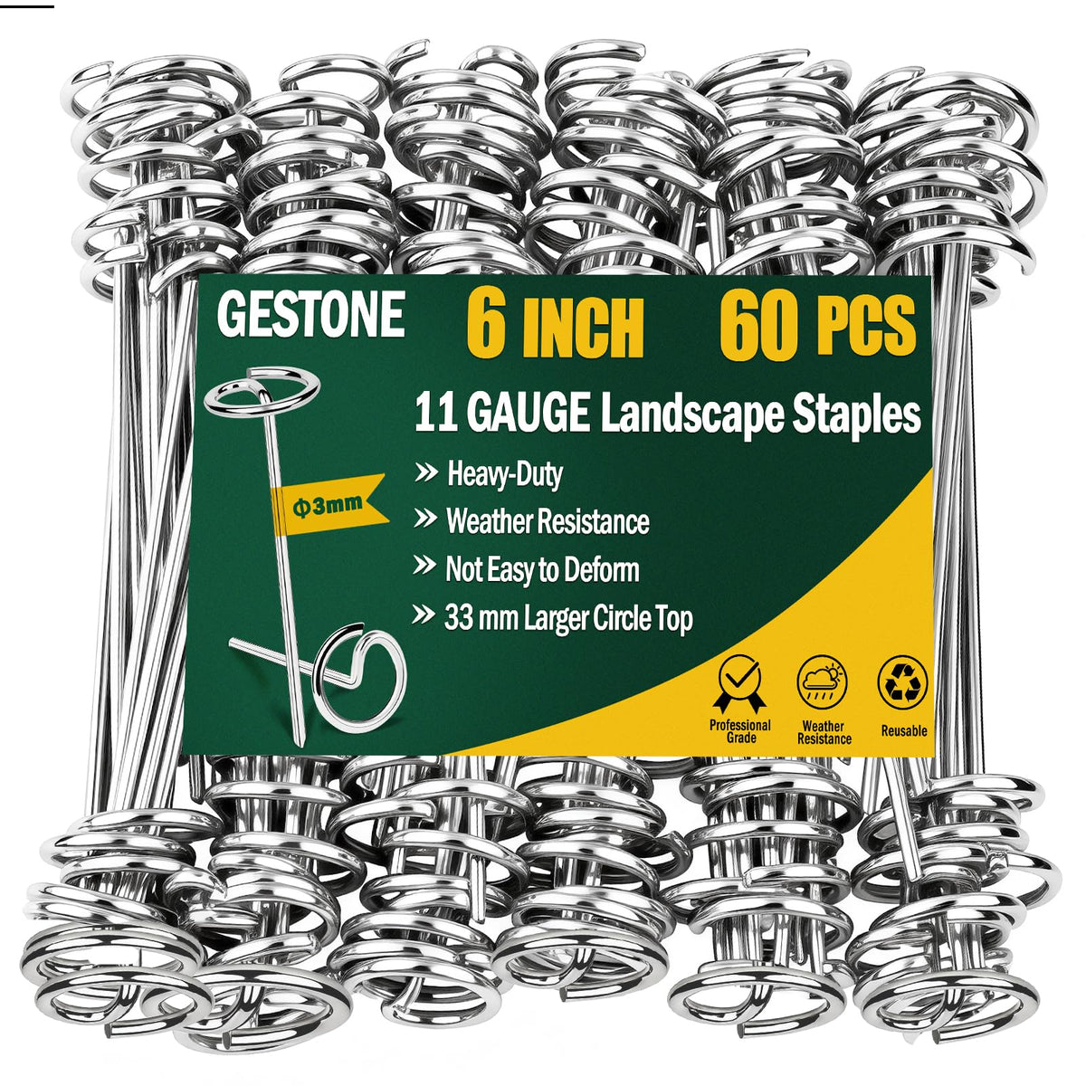 GESTONE landscape stakes with a 6-inch circular top provide strong anchoring for weed barrier fabric.