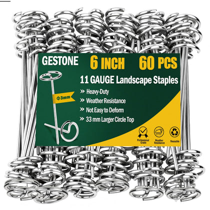 GESTONE landscape stakes with a 6-inch circular top provide strong anchoring for weed barrier fabric.