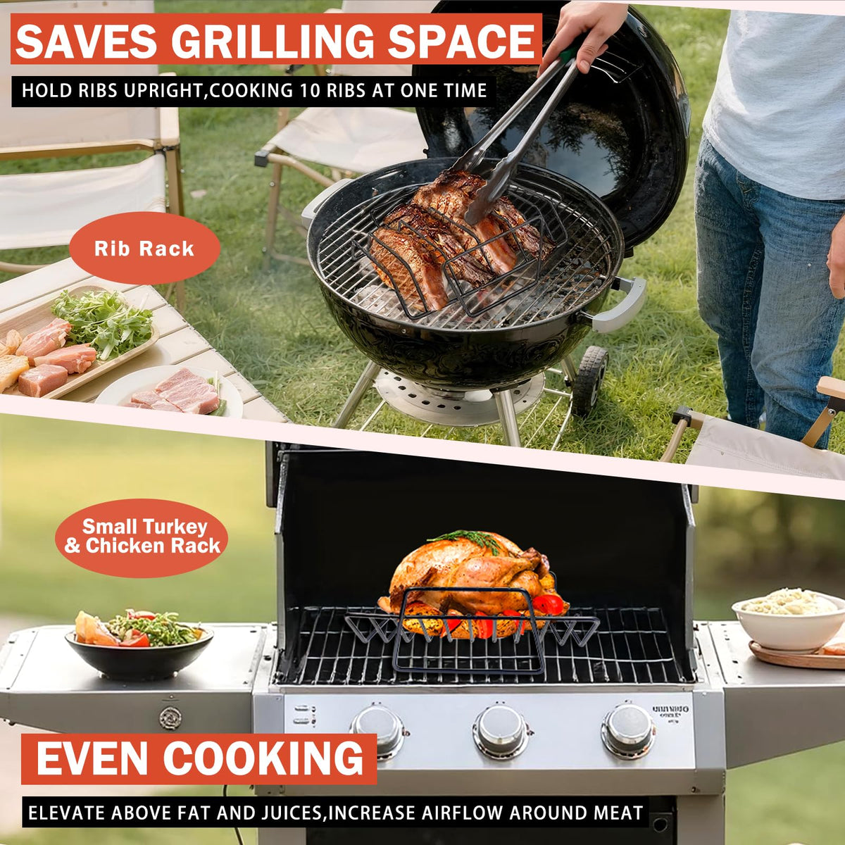 GESTONE rib rack holds 10 small ribs for efficient smoking or roasting.