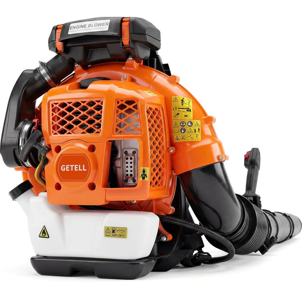 Getell 80cc gas backpack leaf blower in front view showing power for yard cleanup