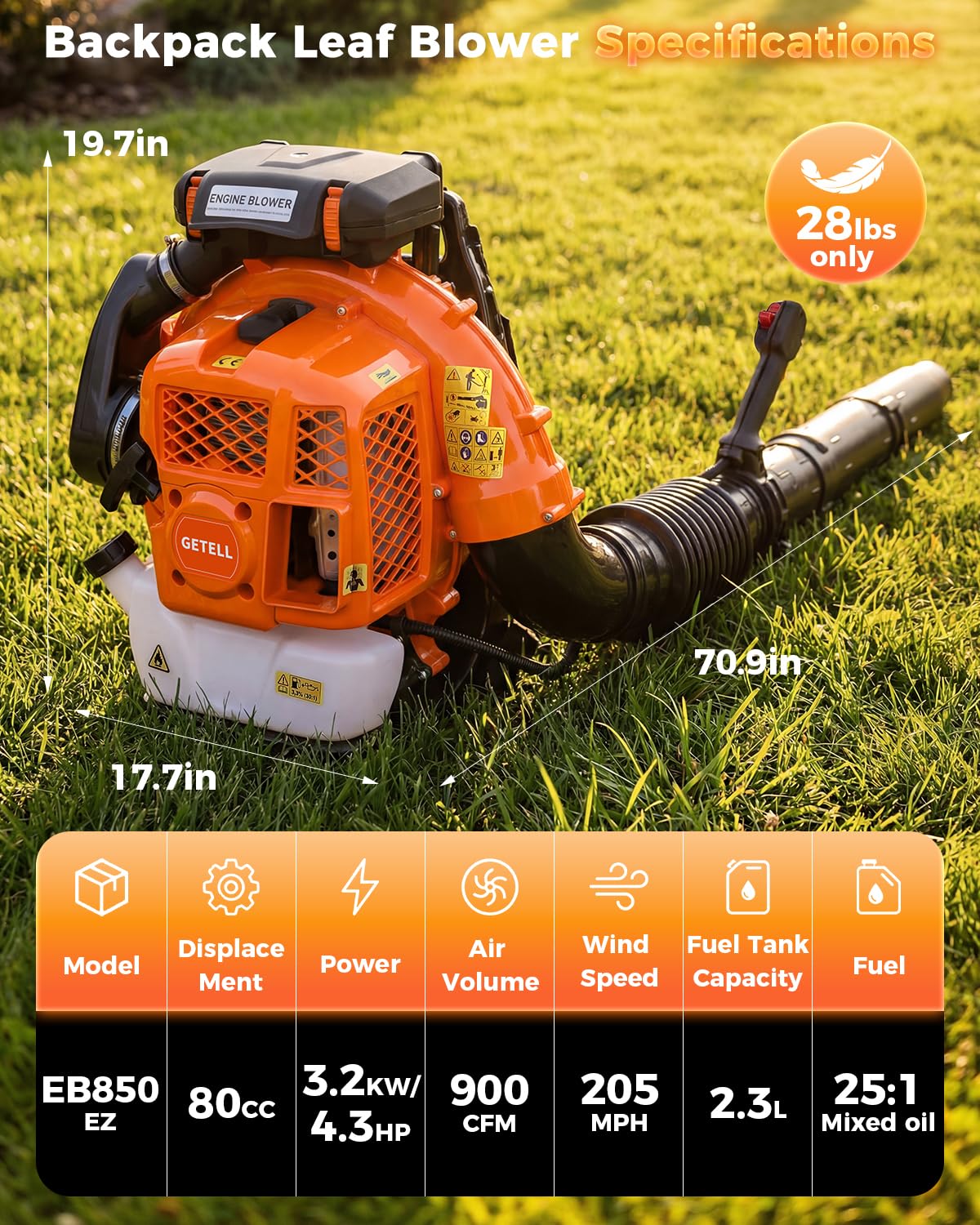 Getell 80cc blower safety and maintenance visuals emphasize year round use