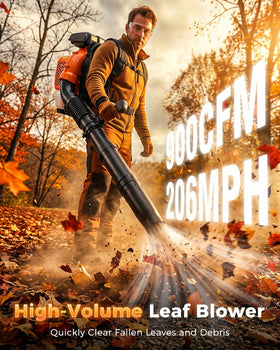 Getell 80cc gas blower side view highlighting 900 CFM capability for dense debris