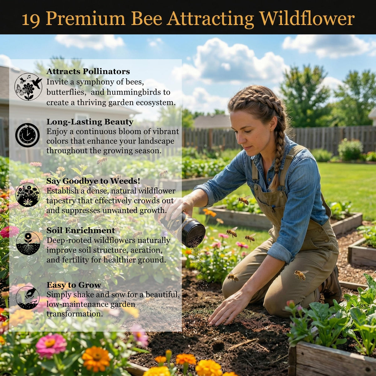 Bee visiting GevaGrow wildflowers; pollinator friendly garden in action