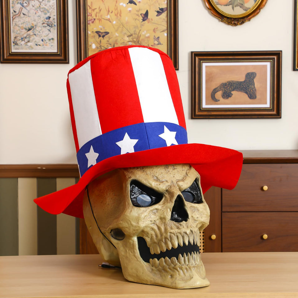 Geyoga 12ft skeleton patriotic hat adds dramatic Independence Day display.